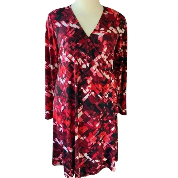 Liz Lange Maternity Long Sleeves Jersey Wrap Dress Size XL Red Black Abstract - Picture 2 of 16